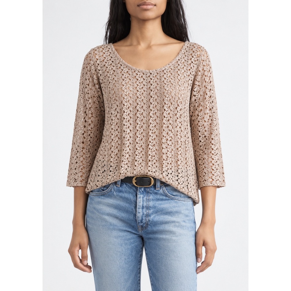 JM Collection Crochet Knit Top Metallic Rose Gold 3/4 Sleeve Scoop Neck XL